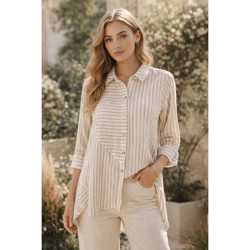 Soft Surroundings Tan Button-Up Shirt Sz PM Lagenlook Sharkbite Hem Cottagecore